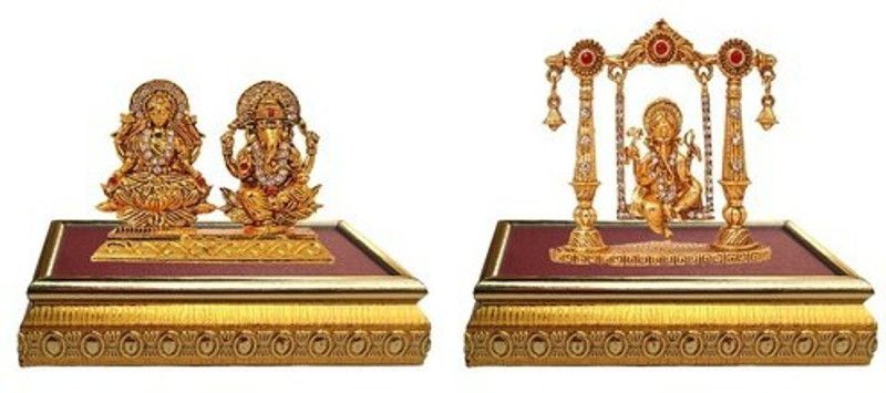 BEI Set of 2 with wooden base Goddess Laxmi & Lord Ganesha Idol God Statue & God Ganesh / Ganpati / Lord Ganesha Idol - Statue Gift item Decorative Showpiece Decorative Showpiece - 10 cm  (Brass, Multicolor)