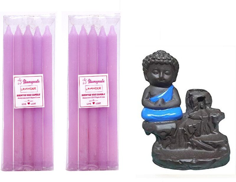 ILLUMYNATE Combo Fragrance Stick Purple Candle ( 7.5 Inch ) Guaranteed Sized (Pack of 10) And 1 Monk Buddha Orange With 10 Incense Cone Candle  (Purple, Pack of 11)