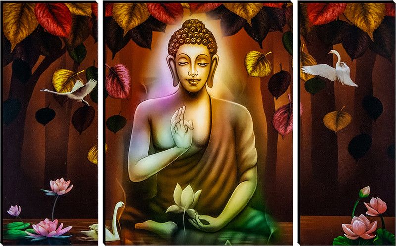 Indianara 3 PC SET OF GAUTAM BUDDHA MDF PAINTING (3471 FL) WITHOUT GLASS Digital Reprint 12 inch x 18 inch Painting  (Without Frame, Pack of 3)