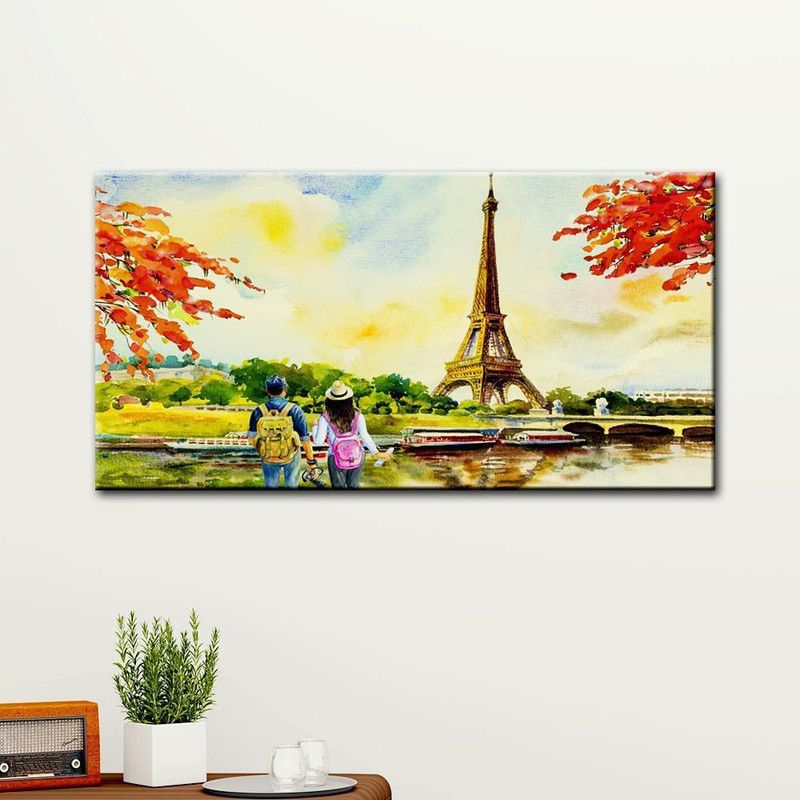 WALLMANTRA Couple in Paris Beautiful Scenery Canvas Printed Painting Canvas 24 inch x 48 inch Painting  (With Frame)