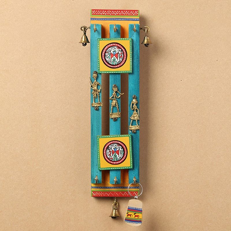 ExclusiveLane Ocean Blue Handpainted Wooden Decorative Wall Hanging Wood Key Holder  (6 Hooks, Blue)
