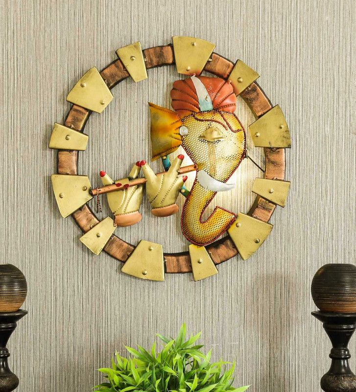 Craft Edge Iron Lord Ganesha Frame with Led Lights Wall Hanging Showpiece Item for Home Decor  (17 inch X 2 inch, Gold)
