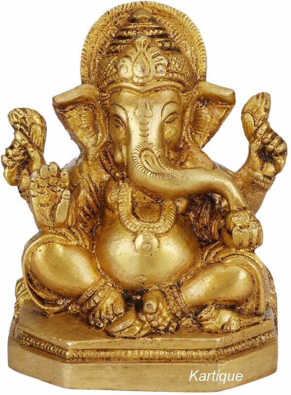 Idolsplace Brass Lord Ganesha Sitting on Singhasan Big Belly Ganesh Bhagwan 500gms Decorative Showpiece - 9 cm  (Brass, Gold)