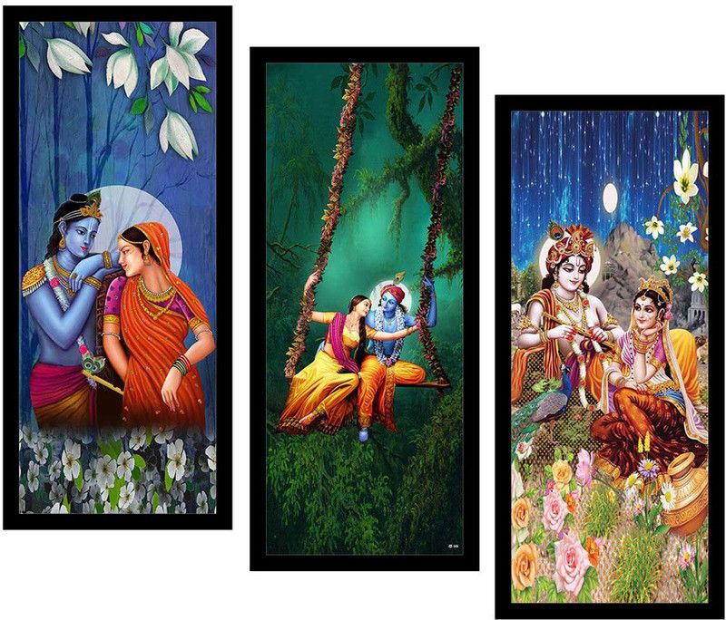 VRUTIKA ART Religious Lord Krishna with Radha 3 Piece with for living room with Synthetic frame Digital Reprint 16 inch x 21 inch Painting  (With Frame)