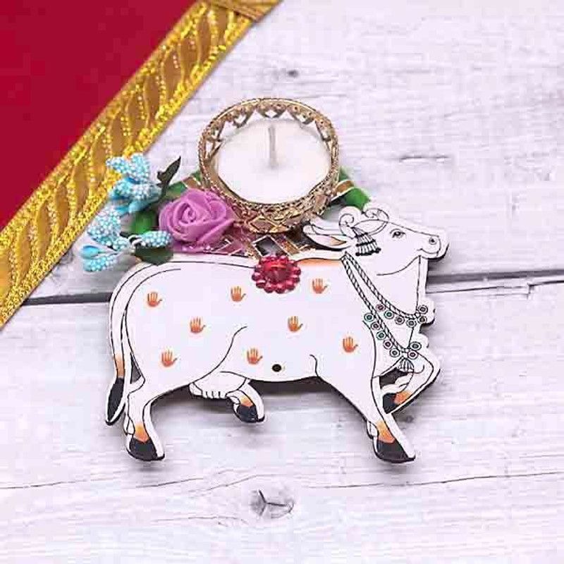 Mykanha Handmade Decorated Cow T-Light Candle Holder Candle  (White, Pack of 1)