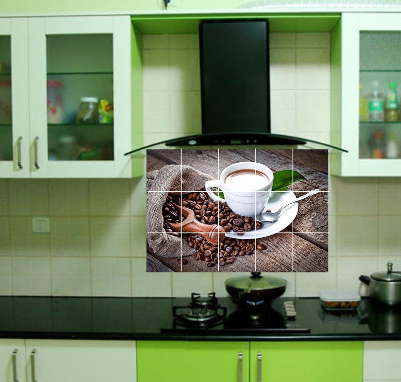 creatick Studio 91 cm Coffee Mug With Coffee Beans Wallpaper/Wall Sticker Multicolour - Kitchen Wall Coverings Area ( 60Cm X 91Cm ) Self Adhesive Sticker  (Pack of 1)