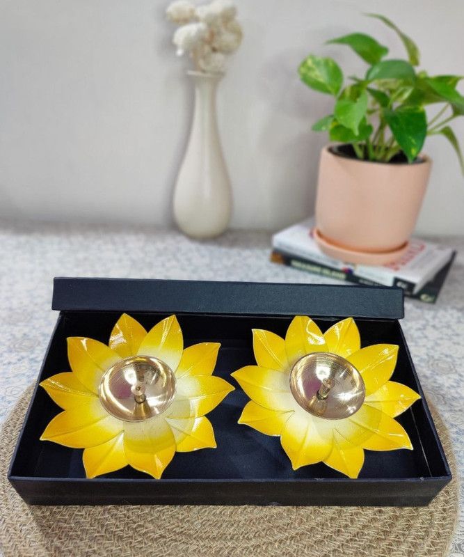 HomeFrills Handicraft brass Yellow colour Kamal Flower Stand Diya Brass (Pack of 2) Table Diya  (Height: 1 inch)