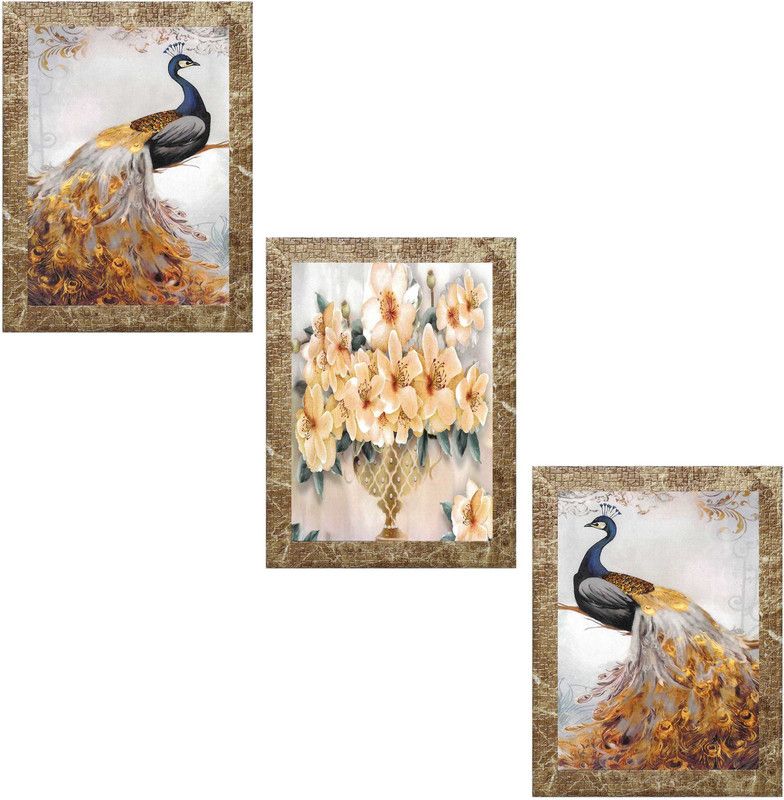 Indianara Set of 3 Flower Vases with Peacocks Art Art Painting (4202MBR) without glass Digital Reprint 13 inch x 10.2 inch Painting  (With Frame, Pack of 3)