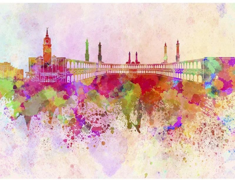 Artzfolio 162.56 cm Mecca, Saudi Arabia, Skyline In Watercolor Peel & Stick Vinyl Wall Sticker 64inch x 48inch (162.6cms x 121.9cms) Self Adhesive Sticker  (Pack of 1)