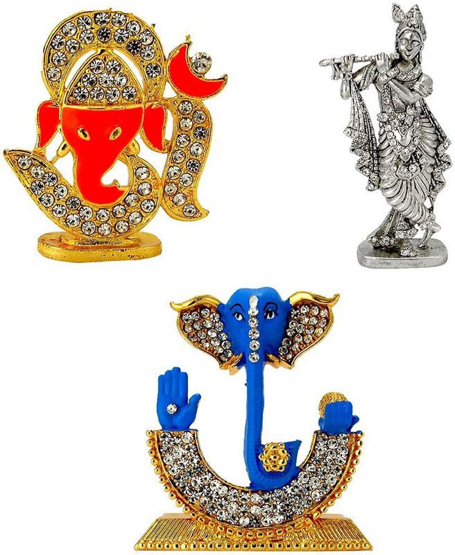 Le Om with Lord | Ganesha Ganesh Ganpati Face Krishna (Krishn) Murlidhar (Oxidised) (Blue) Idol / Statue for Home Office Shop Car Dashboard & Gift Decorative Showpiece - 12 cm  (Metal, Gold, Silver, Blue)