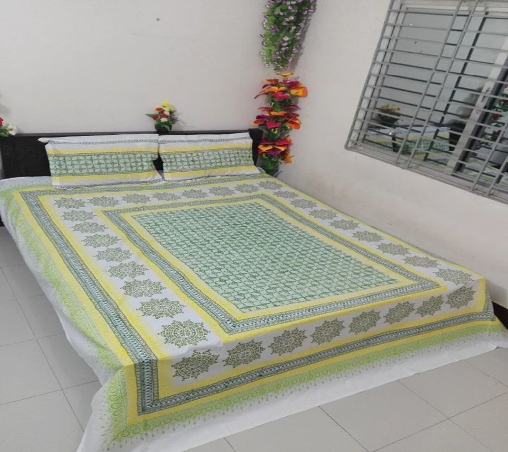 King Size Cotton Multi colors Block Printed Bed Sheet with Matching 2 Pillow Covers-12