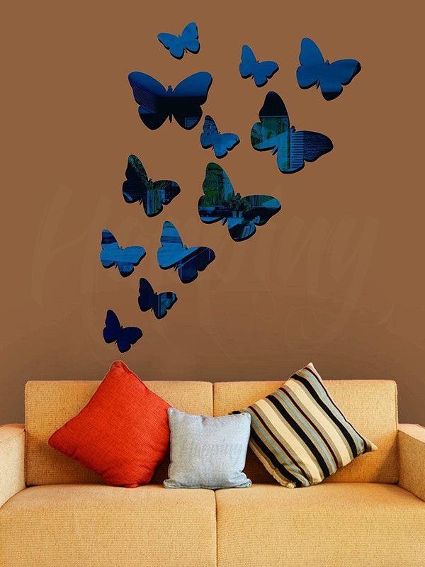 HAPPINY 3 Size Butterfly acrylic mirror wall stickers, acrylic wall decor sticker, Pack of 12  (Blue)