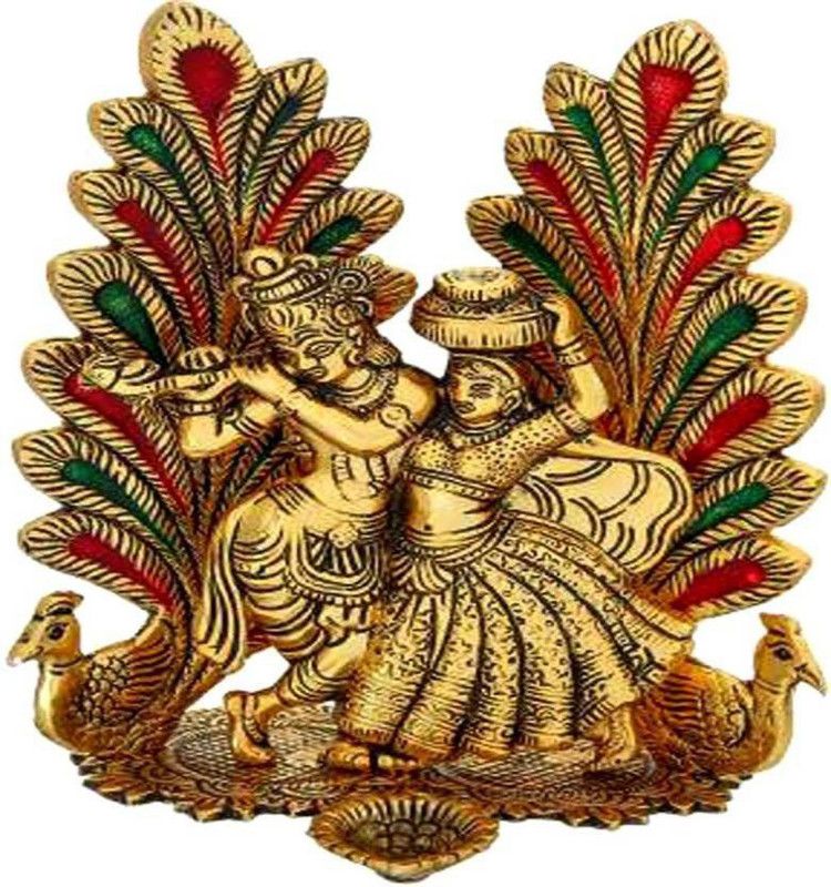 Multiline Company Lord radha krishna murti idol with peacock and diya staue decorate Decorative Showpiece - 21 cm  (Aluminium, Multicolor)