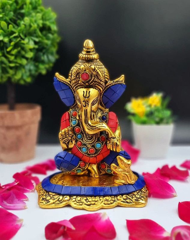 Anshika International Metal Stone Mouse Ganesh ji Idol For Home Decorative Puja Diwali Gifts Decorative Showpiece - 15.87 cm  (Aluminium, Multicolor)