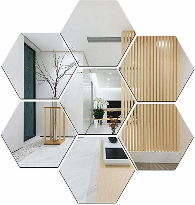 RadhaKripa RDK - Hexagon 7 Silver 3D Wall Stickers Acrylic Mirror 3D Wall Mirror Stickers, Pack of 7  (17 cm X 17 cm, Silver)