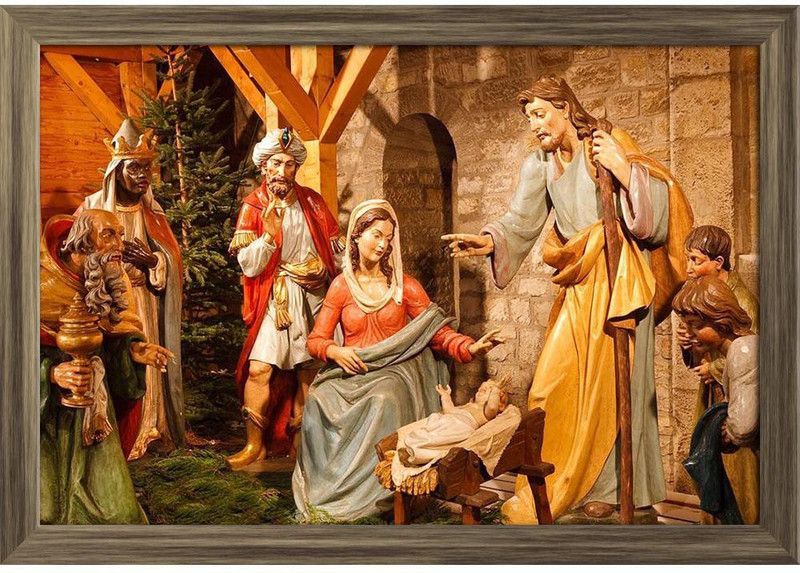 Christmas Nativity Scene Paper Poster Antique Golden Frame | Top Acrylic Glass Paper Print  (10 inch X 13 inch, Framed)