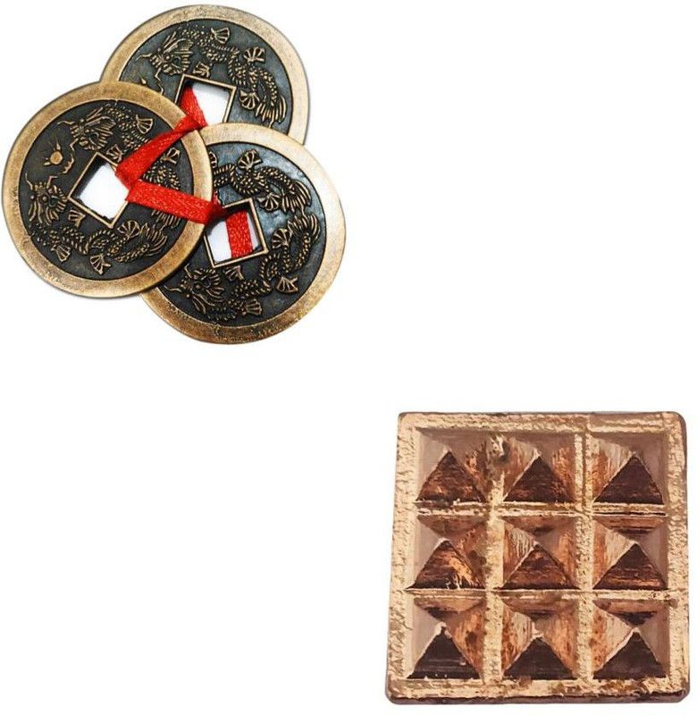 Divya Mantra Combo Of Feng Shui Three Lucky Chinese 2" Coins with Red Ribbon Decorative Showpiece - 5.5 cm  (Aluminium, Multicolor)