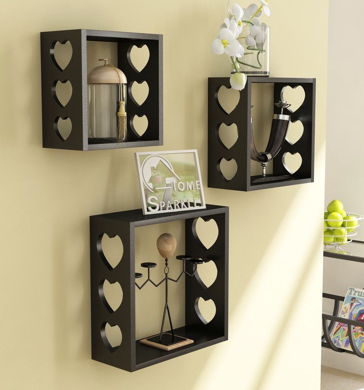 HOME SPARKLE Wooden Wall Shelf For Home Decor Wooden Wall Shelf  (Number of Shelves - 3, Black, Multicolor)