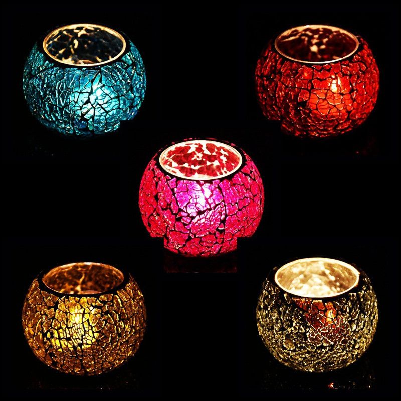 iHandikart Crackle Tea Light Candle Holder Pack Of 5 (9034) Glass 5 - Cup Tealight Holder  (Multicolor, Pack of 5)