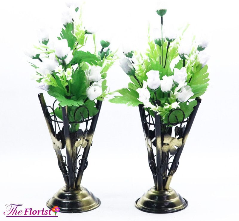 all white Rose Lilies Flower with iron vase COMBO White Rose Artificial Flower with Pot  (15 inch, Pack of 2)
