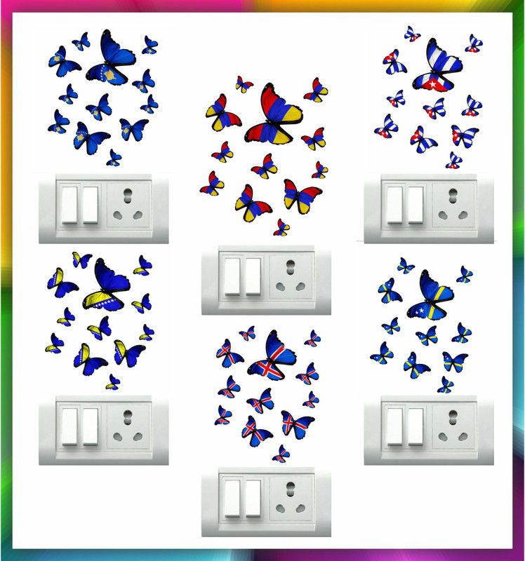 Art Kafe 13 cm Red Blue Butterflies Self Adhesive Sticker  (Pack of 1)