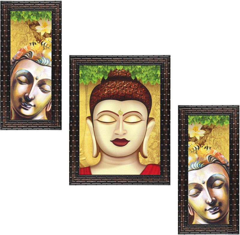 Indianara Set of 3 Gowthama Buddha Framed Art Painting (4094GB) without glass Digital Reprint 13 inch x 10.2 inch Painting  (With Frame, Pack of 3)