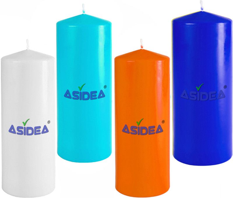 ASIDEA Set of 4 Pillar Candle for Home Decor, BIrthday decoration Candle  (White, Multicolor, Orange, Blue, Pack of 4)