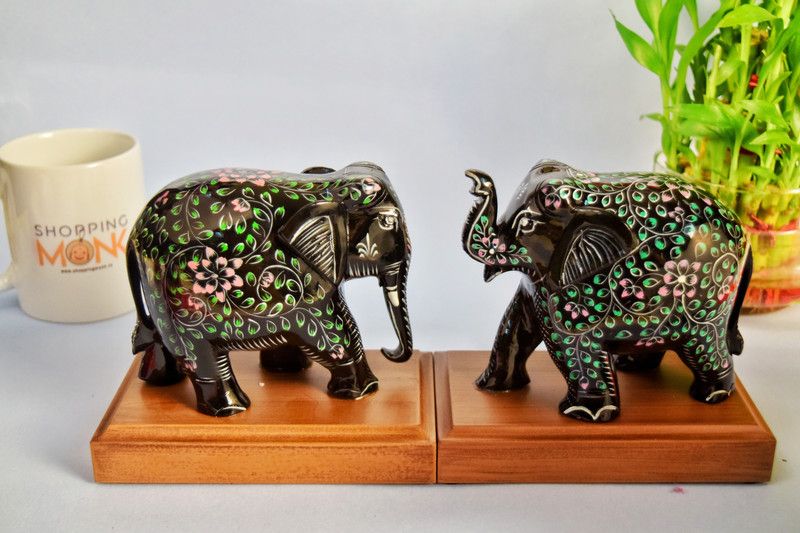 Shoppingmonk Embossed Painting Work Pair of Wooden Elephant with Base Set of 2 Decorative Showpiece Decorative Showpiece - 13 cm  (Wood, Black)