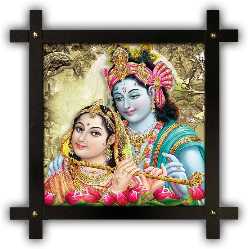 Poster N Frames Cross Wooden Frame Hand-Crafted with photo of Radha Krishna 12812 Digital Reprint 16.5 inch x 16.5 inch Painting  (With Frame)