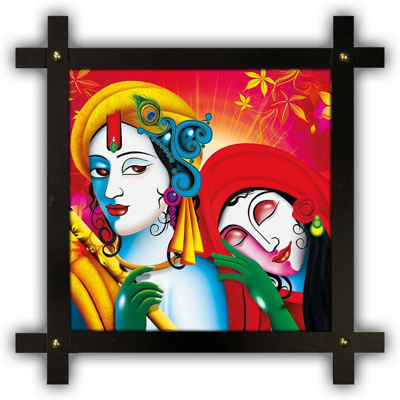 Poster N Frames Cross Wooden Frame Hand-Crafted with photo of Radha Krishna 14775 Digital Reprint 16.5 inch x 16.5 inch Painting  (With Frame)