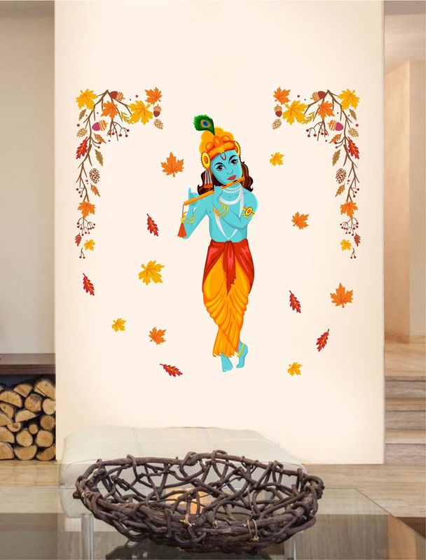 Decal O Decal 95 cm Lord Krishna with Autumn Leaves Wall Stickers(PVC Vinyl,Multicolour) Self Adhesive Sticker  (Pack of 1)