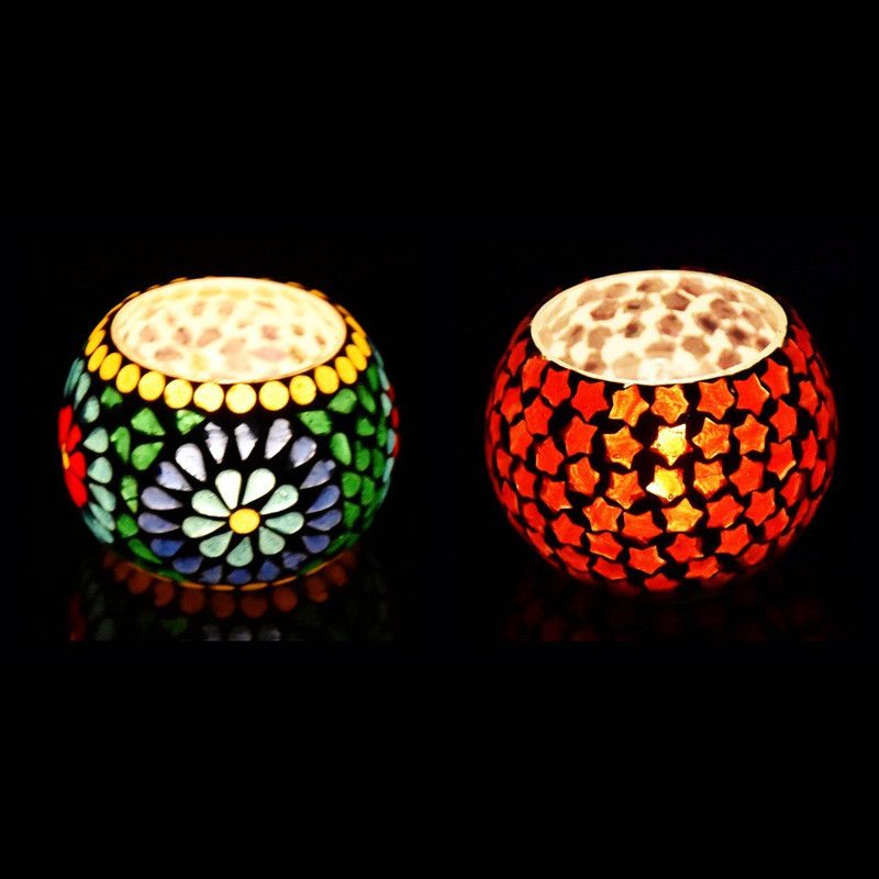 iHandikart Mosaic Tea Light Candle Holder Pack Of 2 (9162) Glass 0 - Cup Tealight Holder  (Multicolor, Pack of 2)