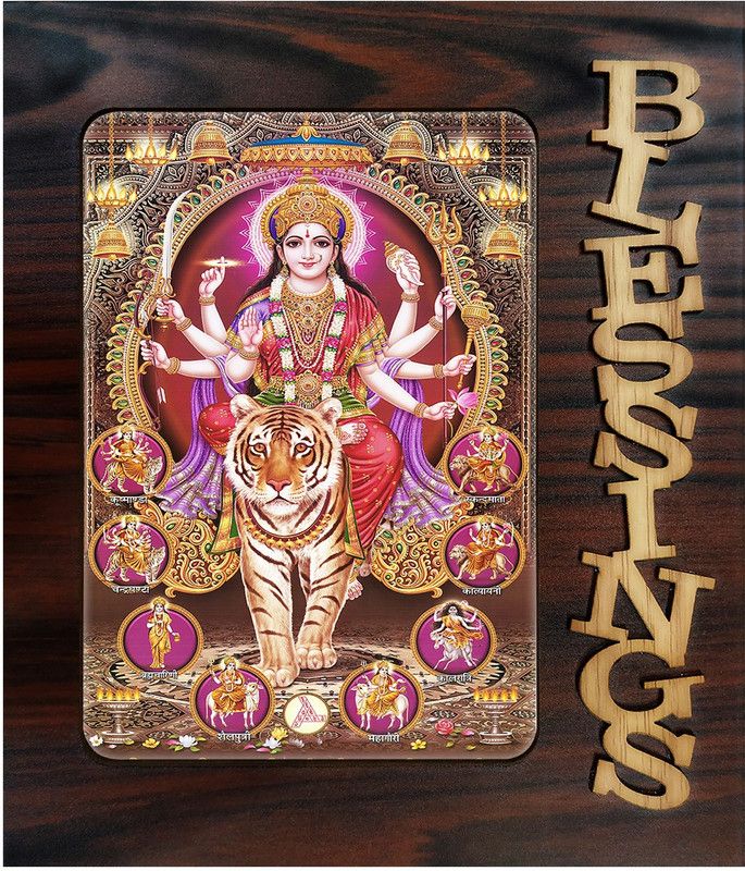 Poster N Frames Decorative Blessings Hand Crafted Wooden table with photo of Nav Durga 22086 Digital Reprint 9 inch x 7.75 inch Painting  (With Frame)