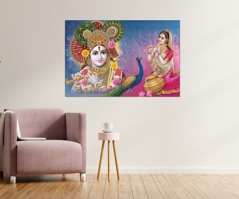 Masstone Radhe Krishna with Peacock Religious Sparkle Coated Self Adhesive Painting Without Frame Digital Reprint 24 inch x 36 inch Painting  (Without Frame)