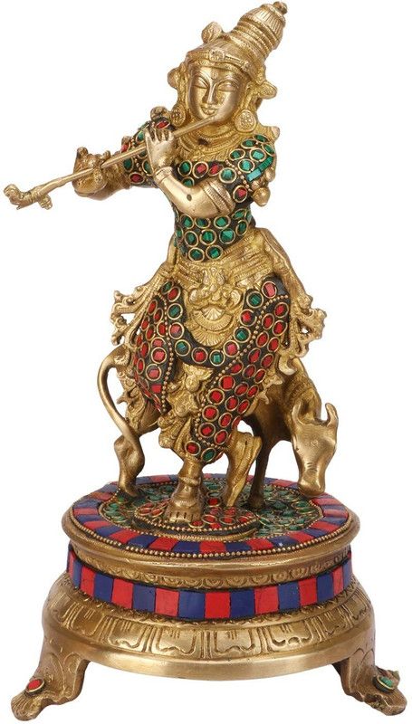 aditicrafts aditicrafts Cow Krishna Idol Statue - Colorful Inlay work Decorative Showpiece Decorative Showpiece - 30 cm  (Brass, Gold)