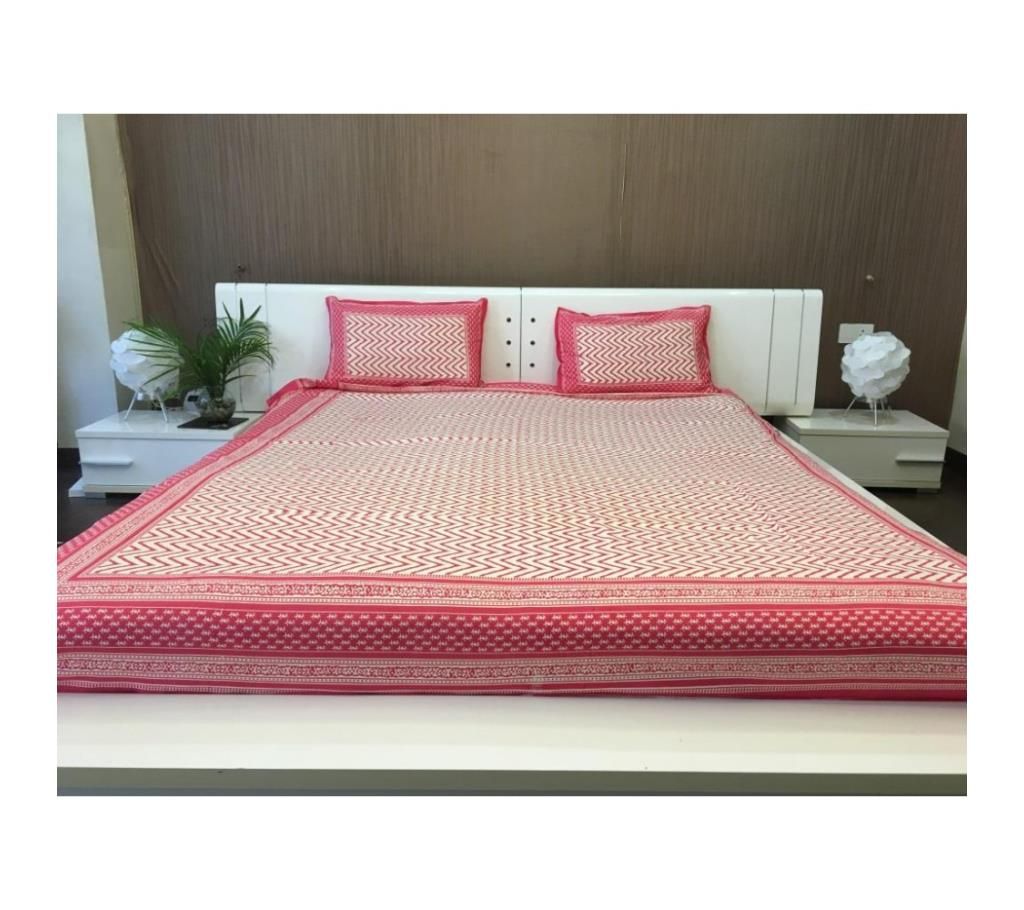 White And Pink Block Print Indian Cotton Double Bedsheet by Ivoryniche