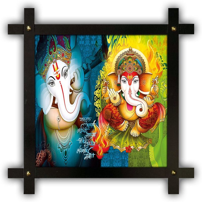 Poster N Frames Cross Wooden Frame Hand-Crafted with photo of Ganeshji (ganpati) m-47-crossframe Digital Reprint 16.5 inch x 16.5 inch Painting  (With Frame)