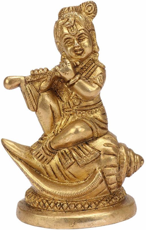Idolsplace Brass Bal Krishna Statue Sitting On Conch | Bal Gopal Idol 600gms Decorative Showpiece - 6 cm  (Brass, Gold)
