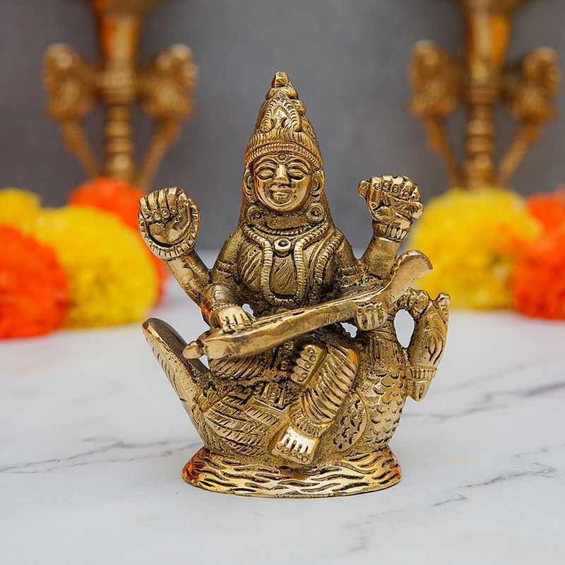StatueStudio Saraswati Statue Ma Saraswati Murti For Home Decor, Diwali Pooja & New Year Gift Decorative Showpiece - 10.16 cm  (Brass, Gold)