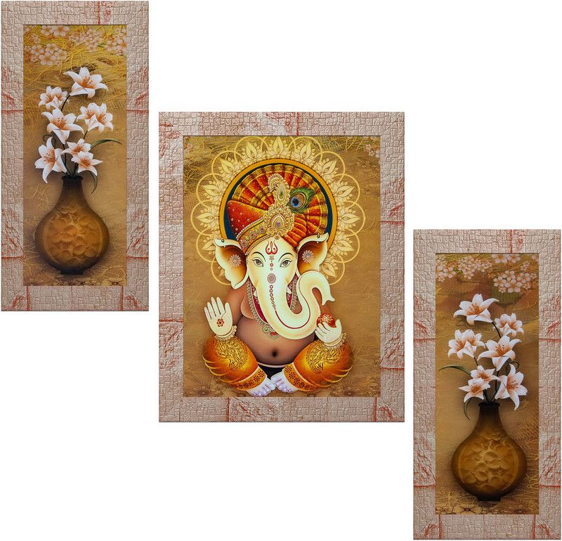 Indianara Set of 3 "Lord Ganesha" Framed Painting (3495MR) without glass 6 X 13, 10.2 X 13, 6 X 13 INCH Digital Reprint 13 inch x 10.2 inch Painting  (With Frame, Pack of 3)