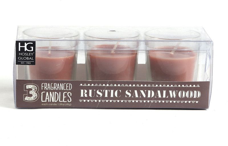 Hosley Rustic Sandalwood Glass Candle  (Brown, Pack of 3)