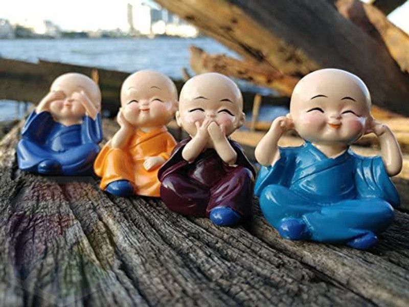 mandora creations Four Cute Monk Decorative Showpiece - 4 cm  (Polyresin, Multicolor)