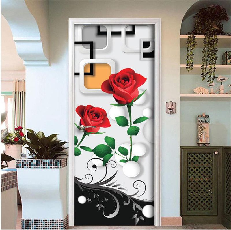Creative Print Solution 30 cm 3d box with red rose design door sticker for door Self Adhesive Sticker  (Pack of 1)