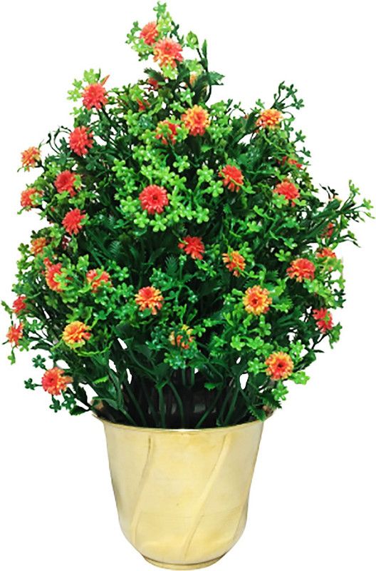 KAPER Beautiful Orange Artificial Flowers For Home Decoration With Brass Pot Red, Green Wild Flower Artificial Flower with Pot  (0.5 inch, Pack of 25, Flower Bunch)
