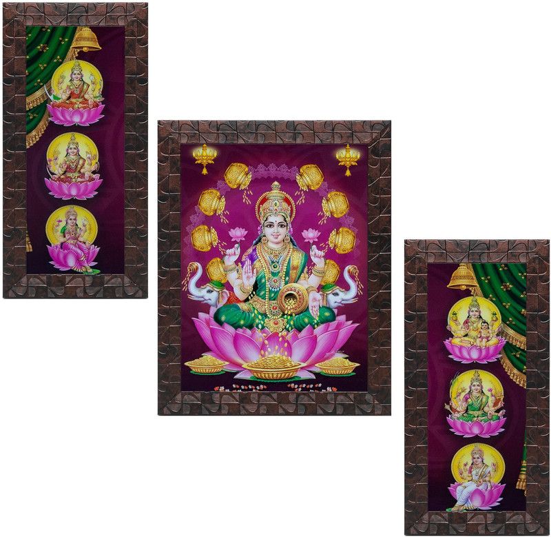 Indianara Set of 3 "Ashtalakshmi" Framed Painting (3461GBNN) without glass 6 X 13, 10.2 X 13, 6 X 13 INCH Digital Reprint 13 inch x 10.2 inch Painting  (With Frame, Pack of 3)