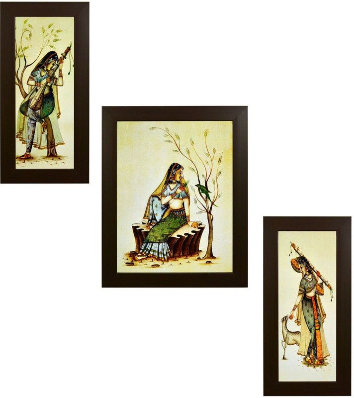 ALLURE Village Lady Digital Reprint 13.5 inch x 10.5 inch Painting  (With Frame, Pack of 3)