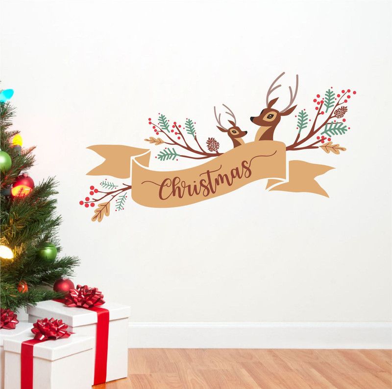 Psychedelic Collection 33 cm Christmas wishes with deer multicolor pvc vinyl wall sticker Self Adhesive Sticker  (Pack of 1)