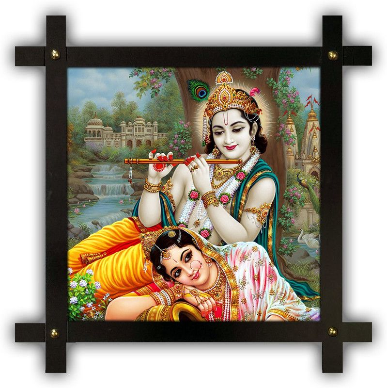 Poster N Frames Cross Wooden Frame Hand-Crafted with photo of Radha Krishna 22613 Digital Reprint 16.5 inch x 16.5 inch Painting  (With Frame)