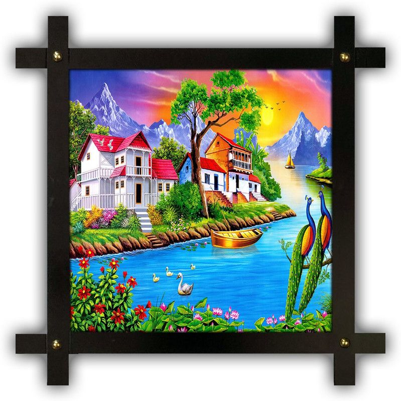Poster N Frames Cross Wooden Frame Hand-Crafted with photo of Hand Painting Landscape Scenery 16917 Digital Reprint 16.5 inch x 16.5 inch Painting  (With Frame)