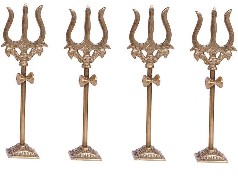 De-Ultimate Pack of 4 Pcs Trishul,trident Damru with Stand Brass Statue for Car Dashboard/temple, Puja Ghar Decorative Showpiece - 9.5 cm  (Brass, Copper)